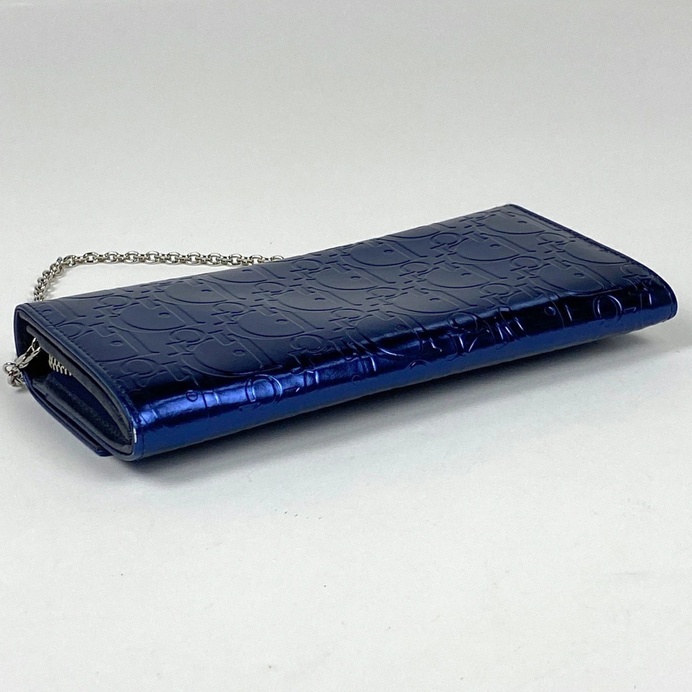 Dior leather Wallet metallic Trotter long Christian chain blue billfold Blue
